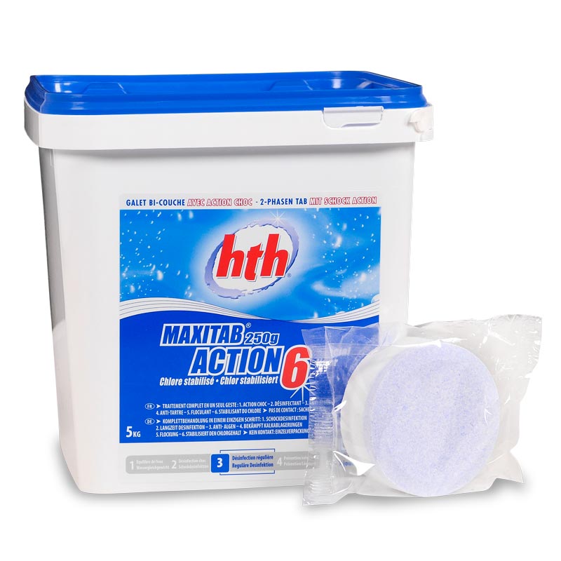 Повільнорозчинні + шок комплексні хлорні таблетки hth 6в1 5кг, 250г (Франція)