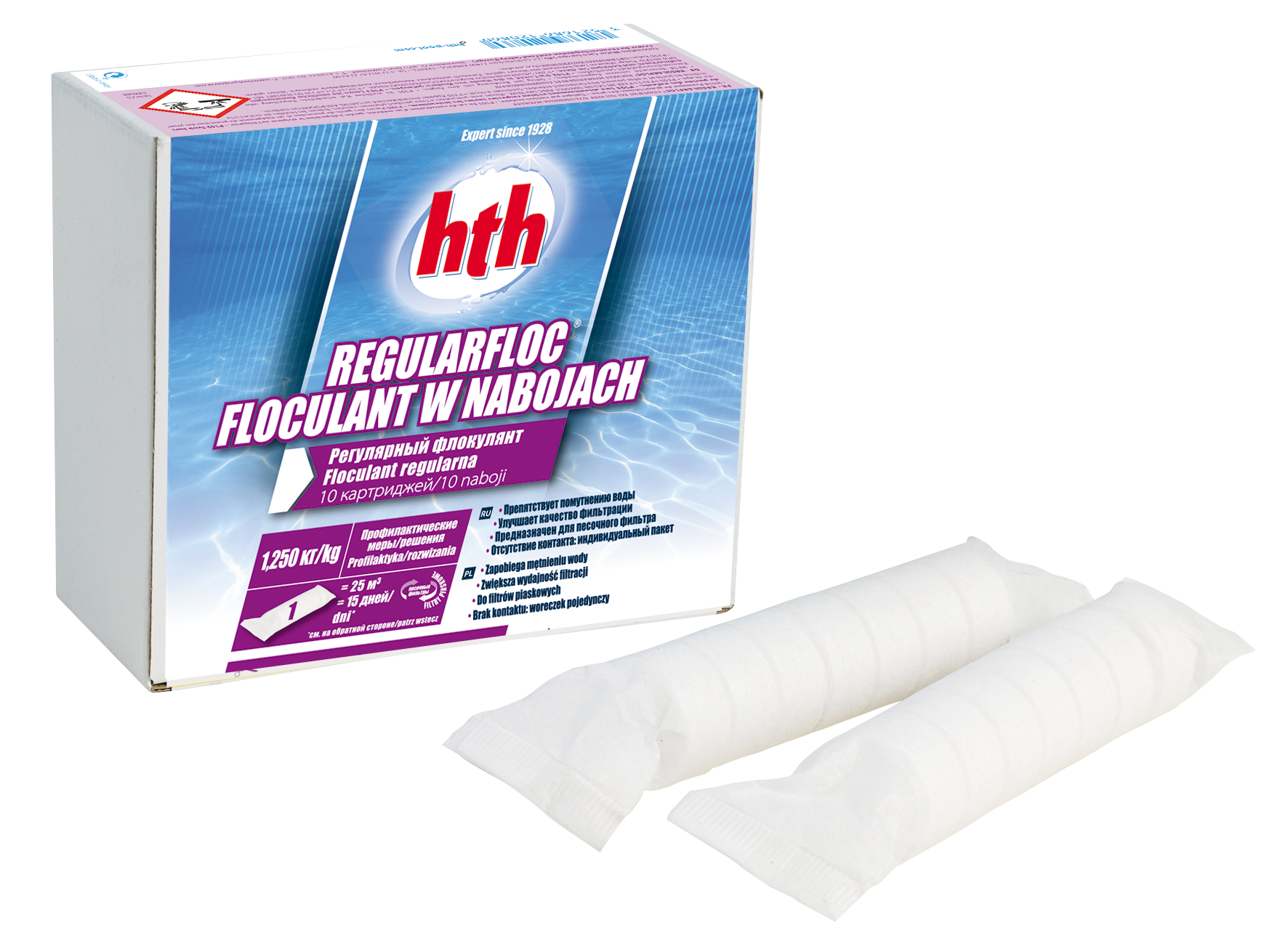 Флокулянт hth в картриджах 1.25кг (Франція), REGULARFLOC (10 мішечків для піщаних фільтрів)
